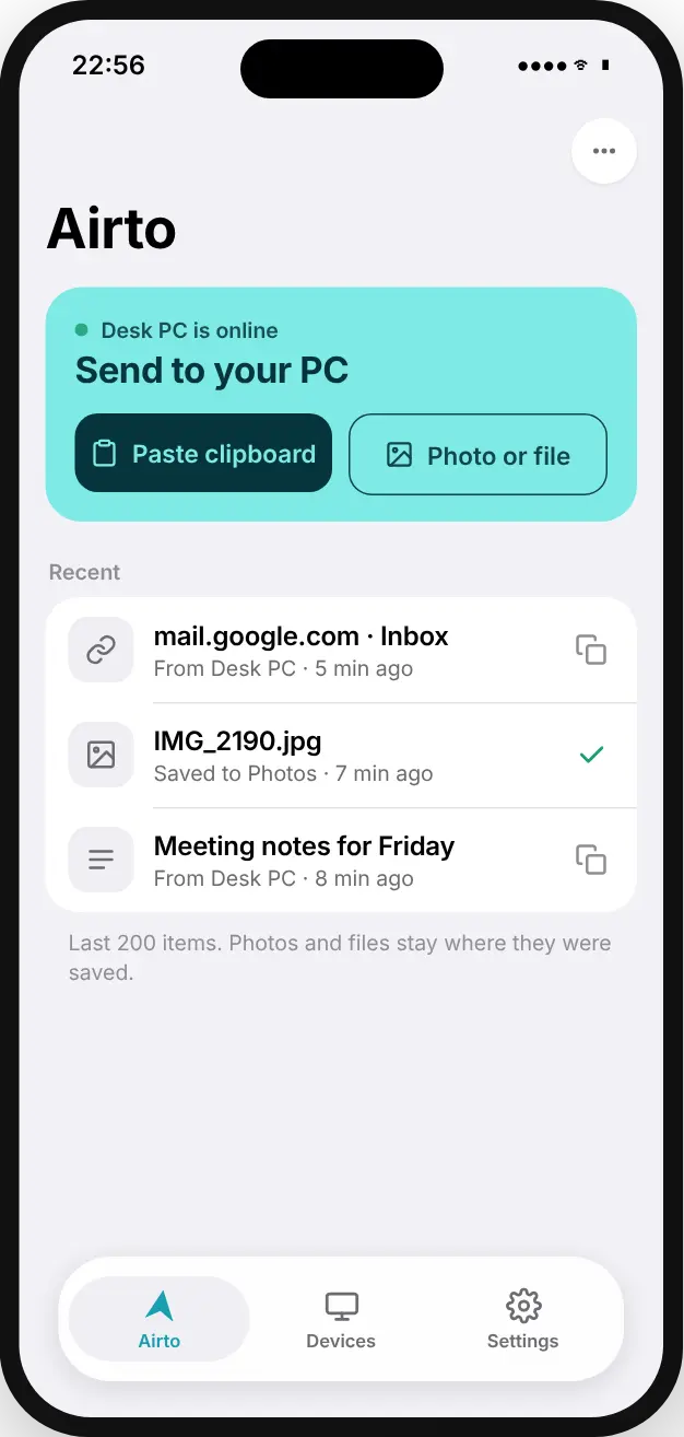 Airto on iPhone, ready to send the clipboard or a photo to a PC