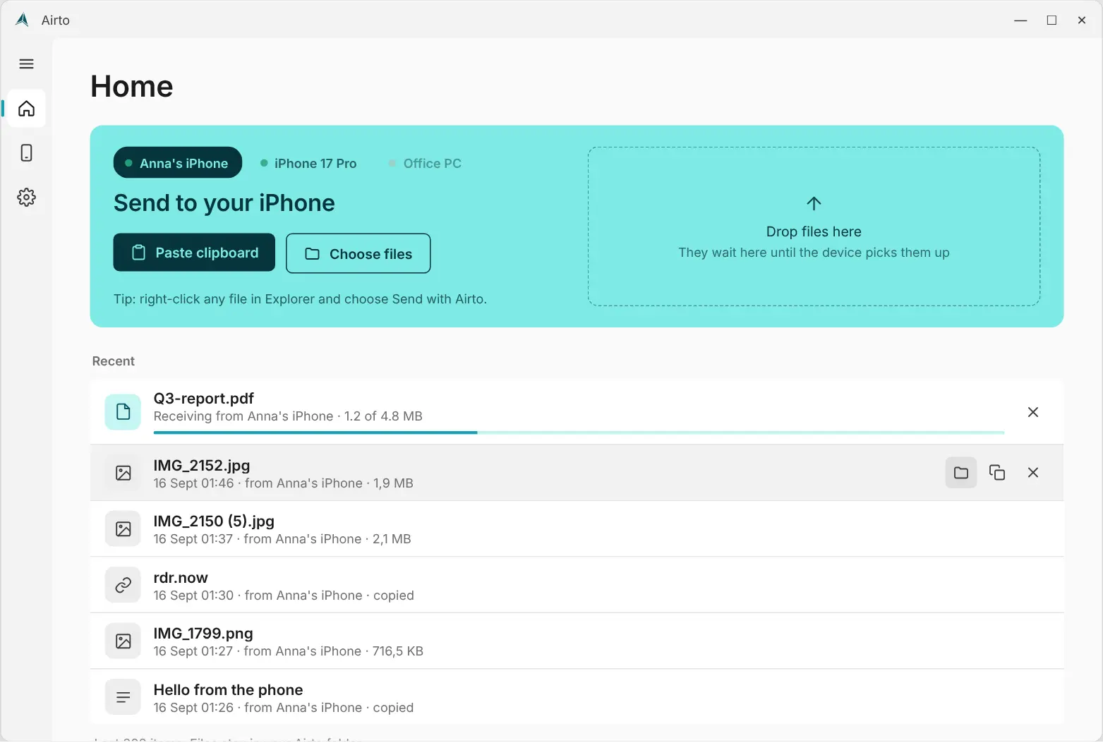 Airto on Windows, with a file arriving from an iPhone and a list of recent transfers