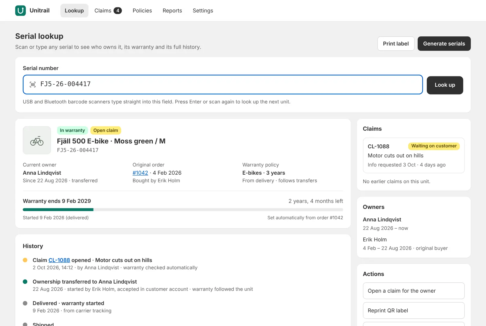 Unitrail's serial lookup, showing an e-bike's owner, warranty, open claim and history